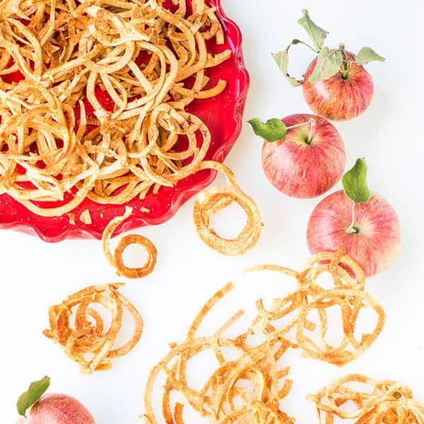 These baked apple strings taste like freeze dried apples. So light and airy, crispy and addicting! And the best part is no special appliance required, just your oven.