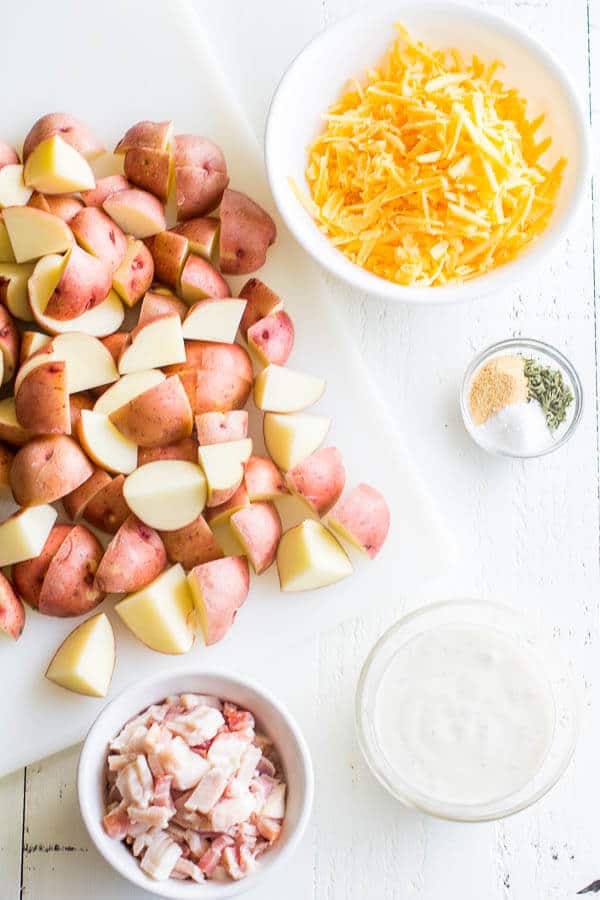 Bacon ranch potatoes in less than 30 minutes! AND only 4 main ingredients and 3 simple seasonings for this mouth-watering comfort food.
