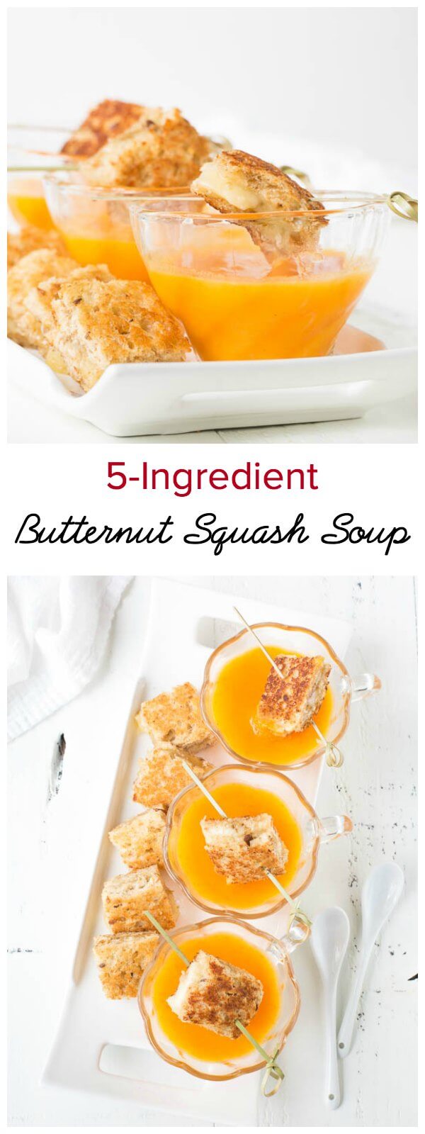 Velvety smooth butternut squash soup with only 5 ingredients and under 45 minutes! You don't need a long list of ingredients to make this super easy butternut squash soup packed with fabulous fall flavors. Delicious and elegant make-ahead appetizer for any kind of gathering!