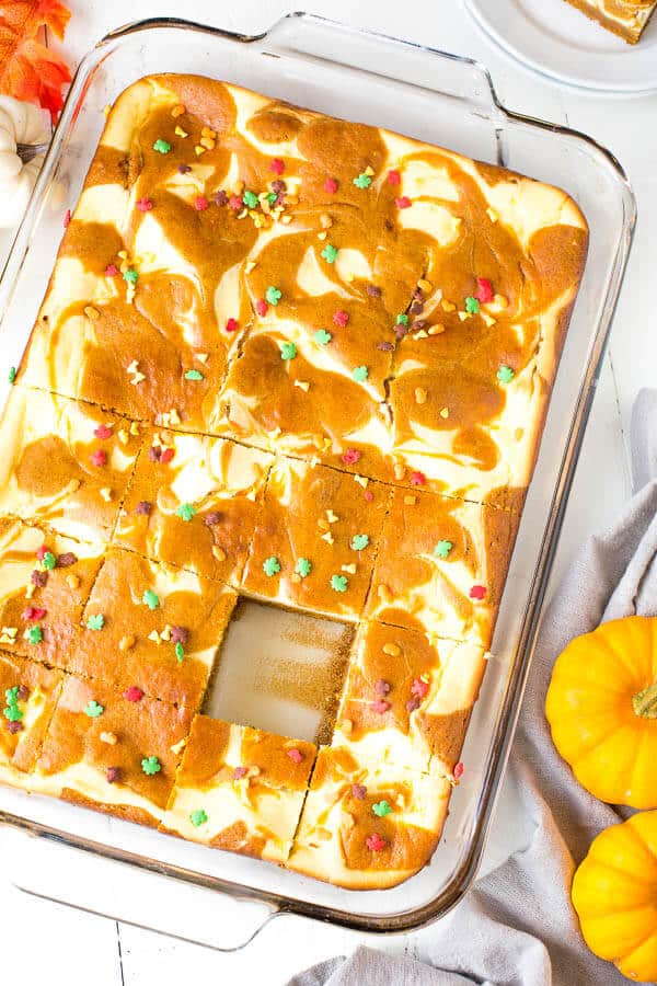 Incredibly delicious marbled pumpkin cheesecake cake - your next new favorite dessert this season! Perfect for potlucks, holiday gatherings, and well, just because!