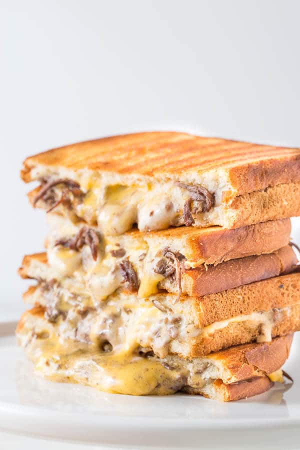 Extra cheesy Philly cheese steak grilled cheese - an easy, yet indulgent dinner in less than 15 minutes!