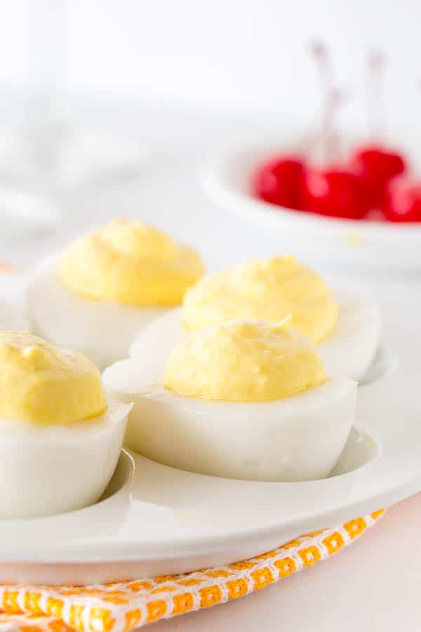 Deviled eggs on a serving platter.