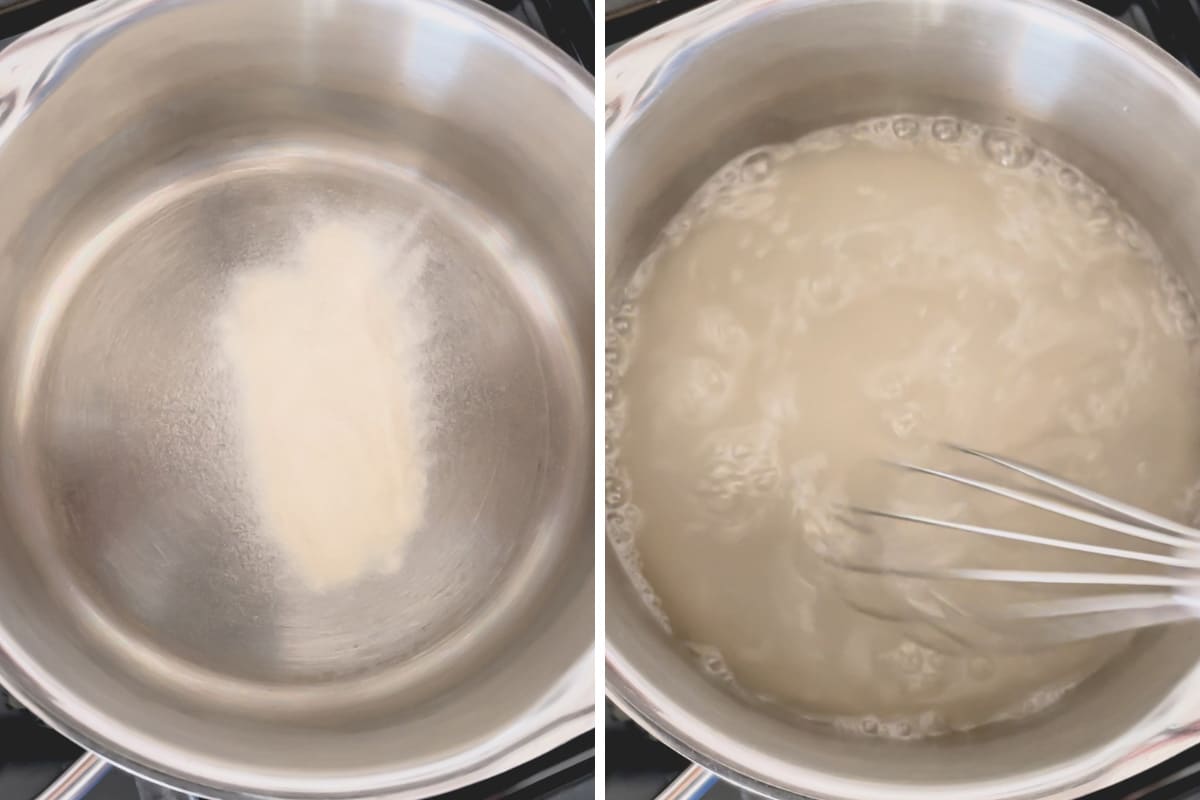 Side by side images of agar agar powder in a saucepan and added water.