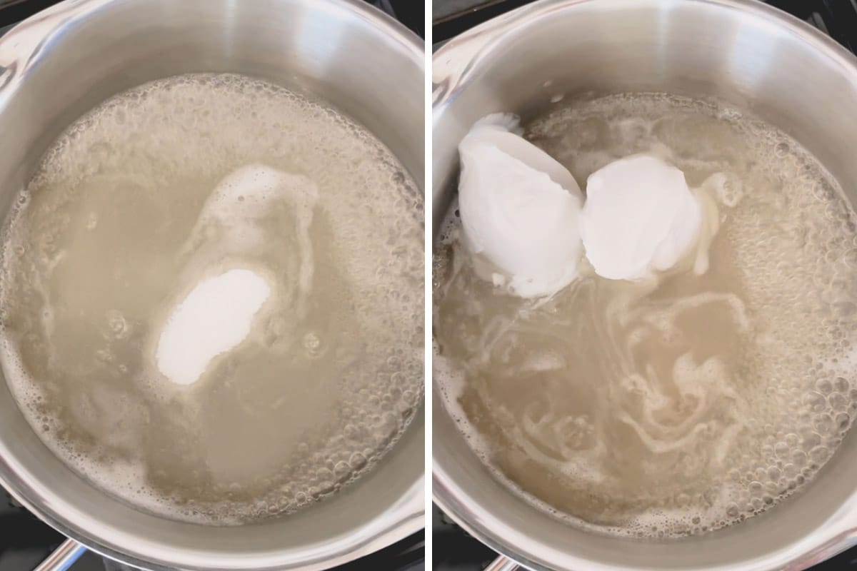 Side by side images of adding sugar and coconut milk into the agar agar mixture.