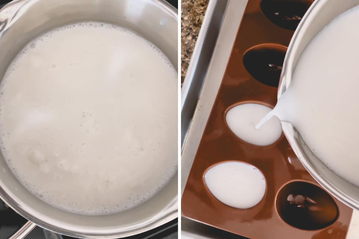Side by side images of coconut pudding mixer in a saucepan and pour it into the egg mold.