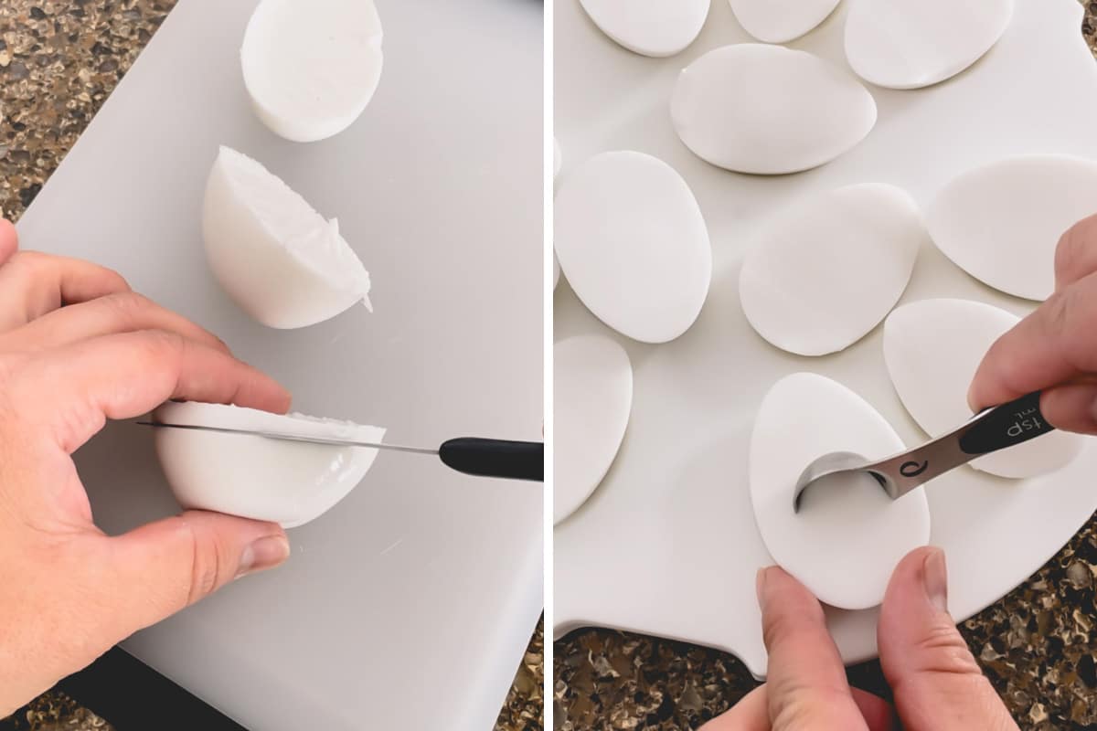 Side by side images of slicing the top of the coconut pudding and scooping out a dent.