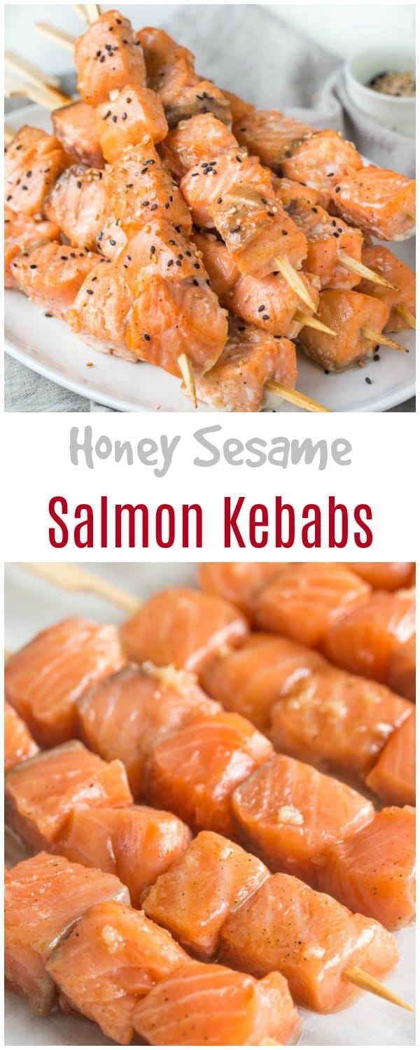 Quick and easy dinner recipe in less than 30 minutes: honey sesame salmon kebabs.
