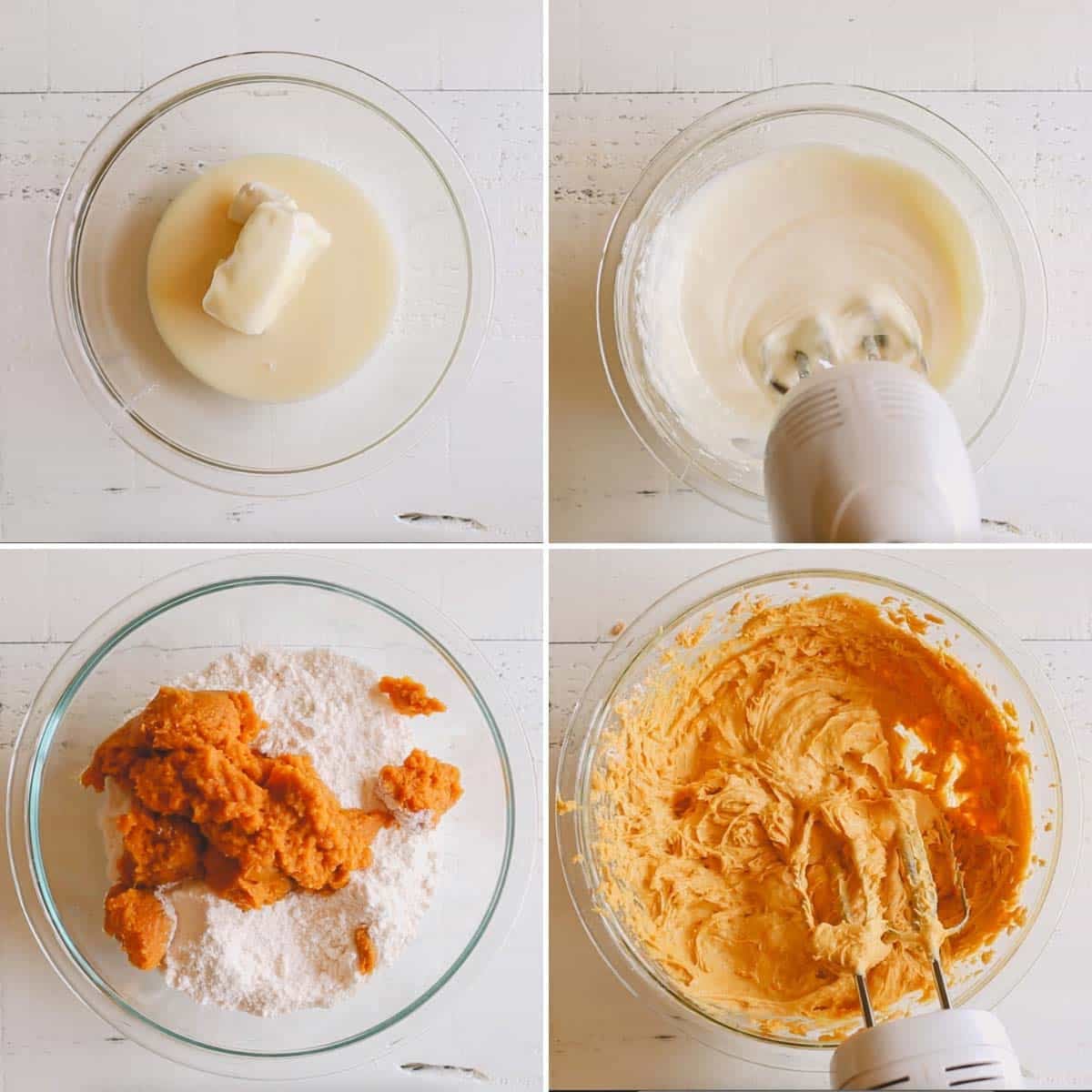 4-image collage of making pumpkin muffin batter.