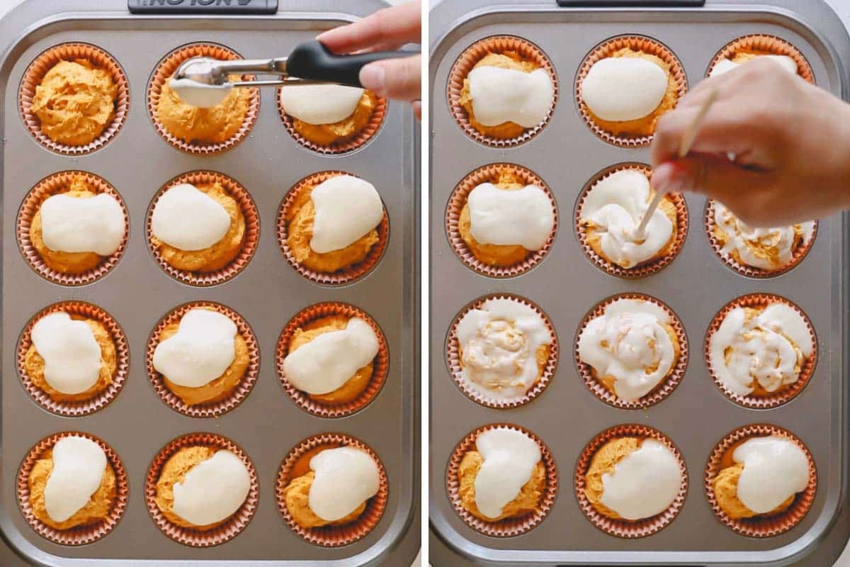 Pumpkin muffin batter divided into 12 cupcakes pan.