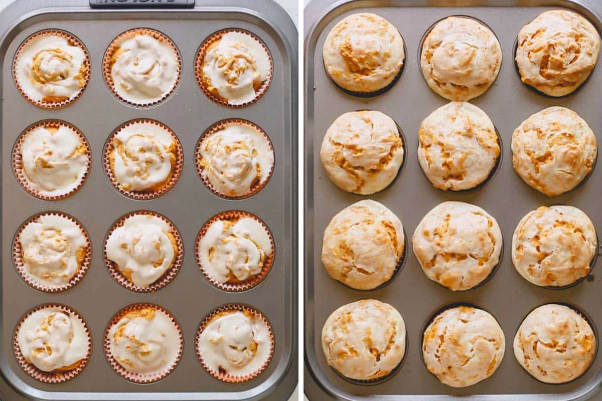 Pumpkin cheesecake muffins before and after baking.