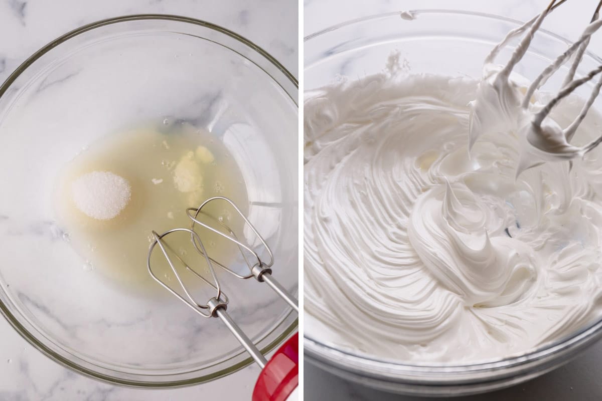 Side by side images of whipping the meringue.