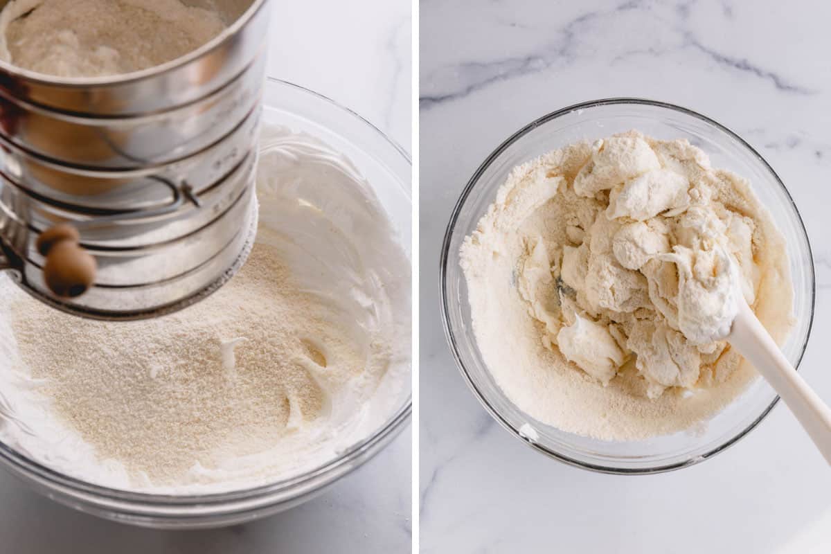 Side by side images of mixing dry ingredients into the meringue.