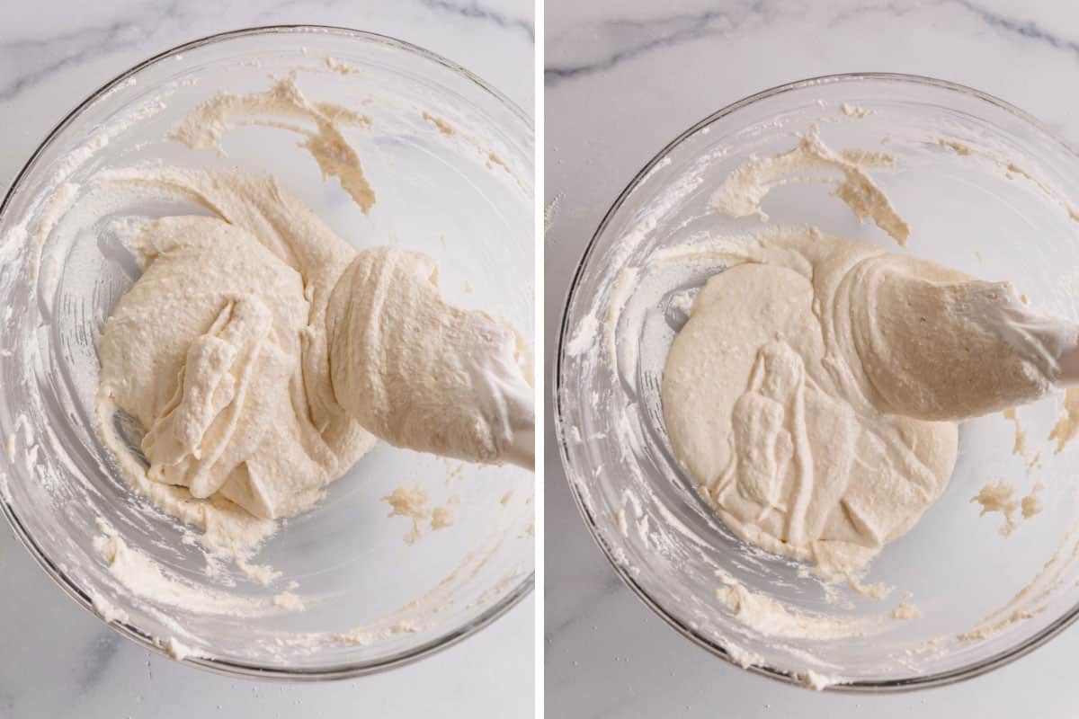Side by side images of checking the batter consistency.