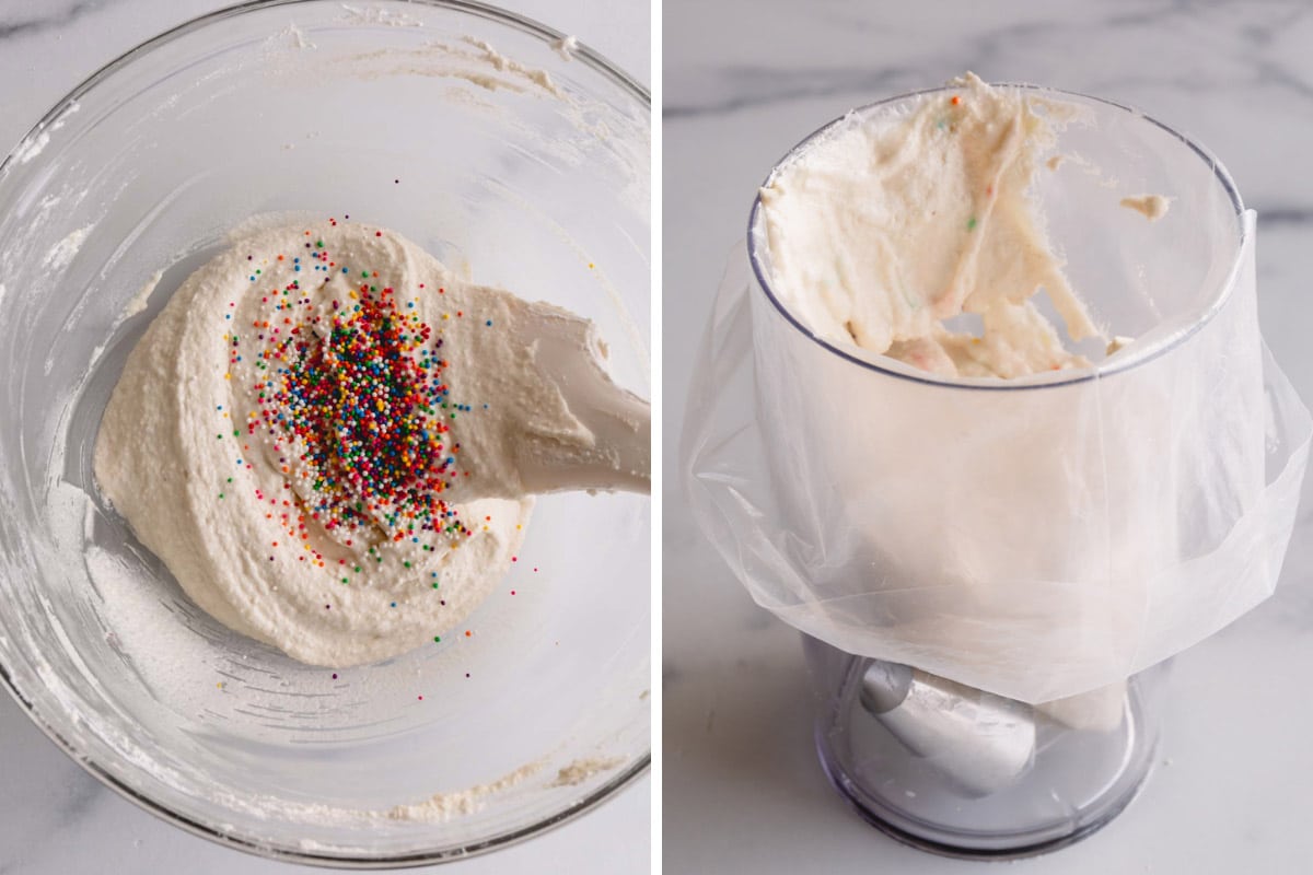 Side by side images of adding sprinkles to the macaron batter and batter in a piping bag.