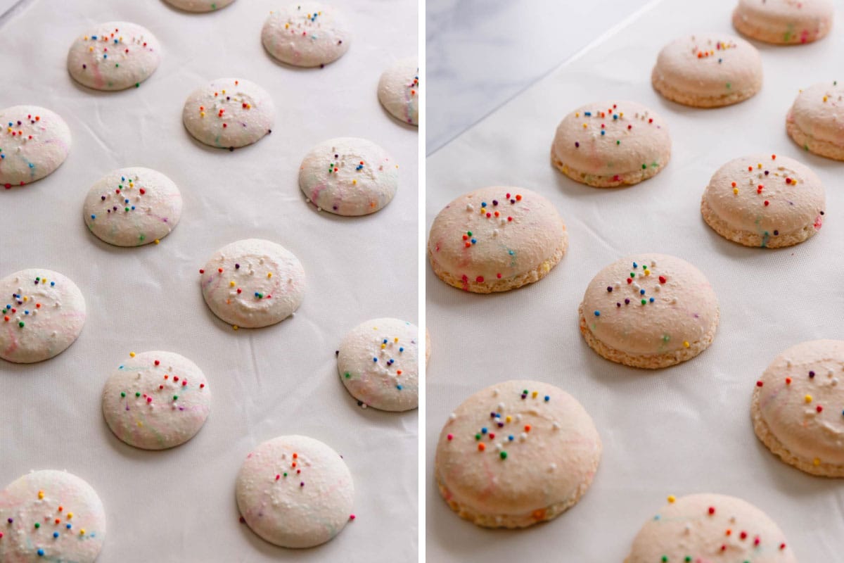 Side by side images of macaron shells on a baking mat before and after baking.