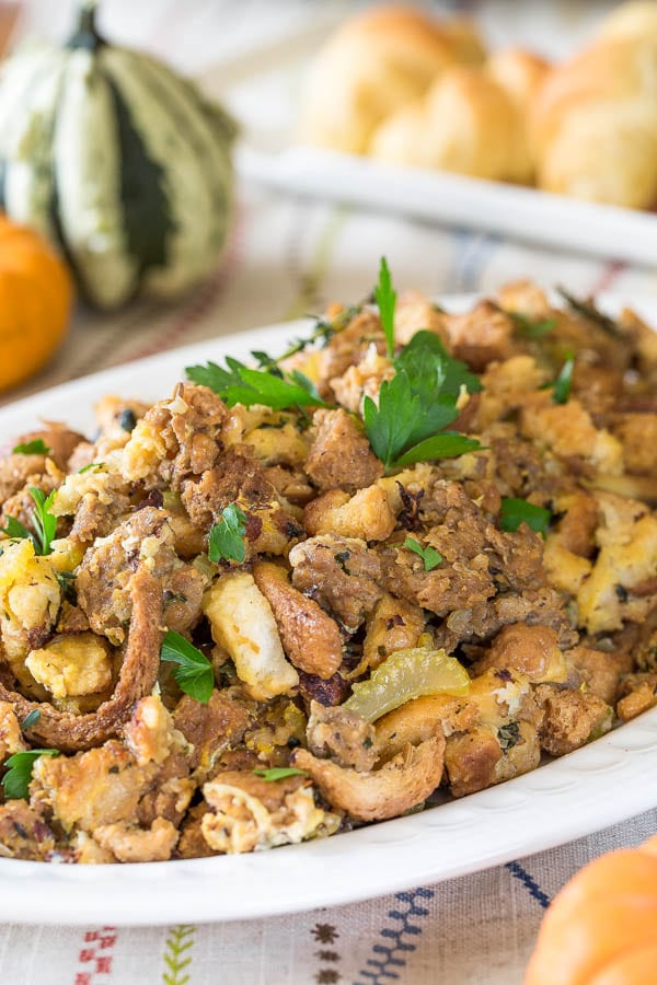 Crazy easy Instant Pot sausage stuffing in less than 1 hour. No more fighting for oven space to make a flavorful stuffing for your Thanksgiving feast! #ThanksgivingMenu #ThanksgivingRecipe #Stuffing #SausageStuffing