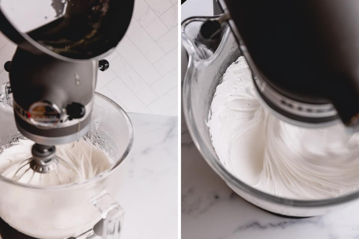 Side by side images of adding hot syrup into whipped egg whites in a stand mixer.