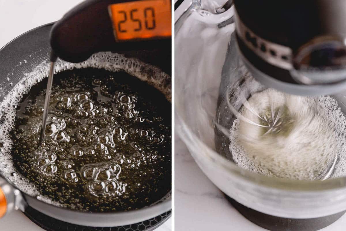 Side by side images of hot sugar syrup in a saucepan with thermometer at 250F and whipping egg whites.