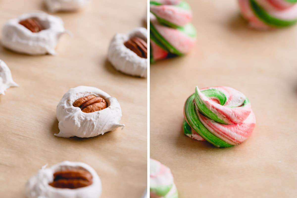 Side by side images of classic pecan divinity and red and green divinity.