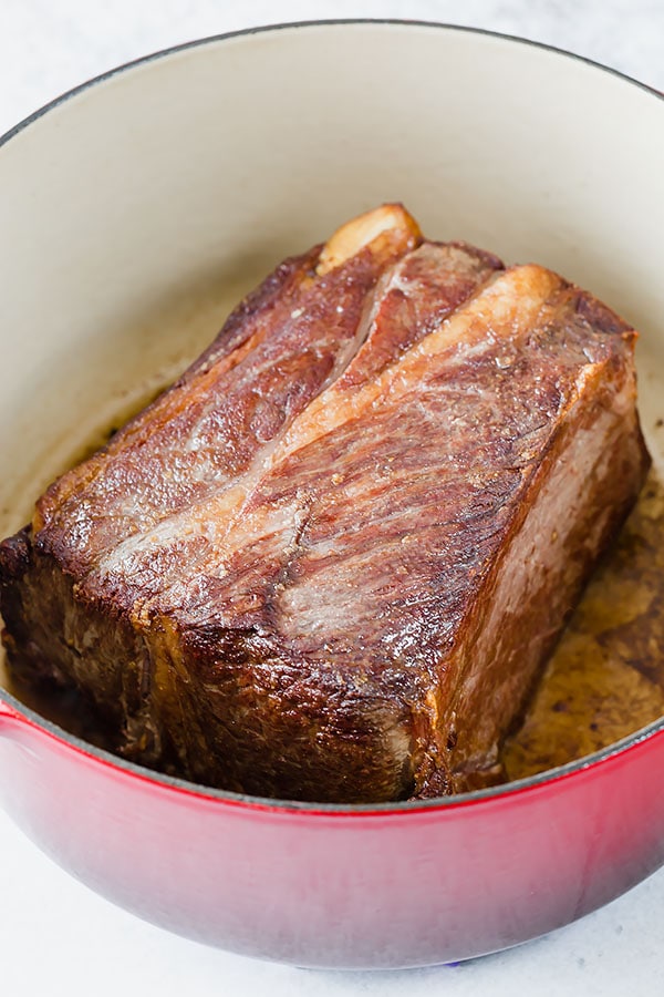Searing the chuck roast is the first step to unbelievably flavorful pot roast! #potroast #onepotmeal #beefroast #wagyubeef