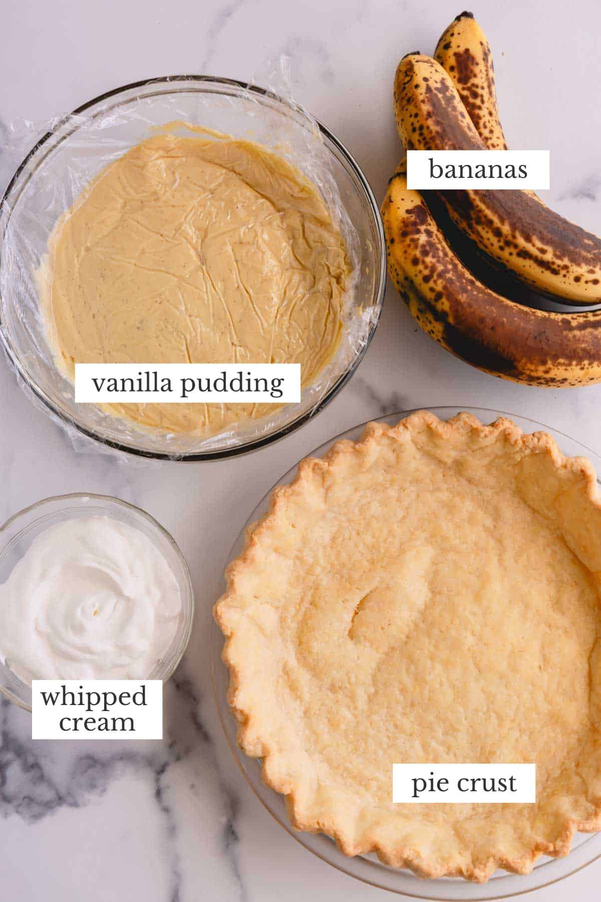 Banana cream pie components: blind baked pie crust, vanilla pudding, bananas and whipped cream.