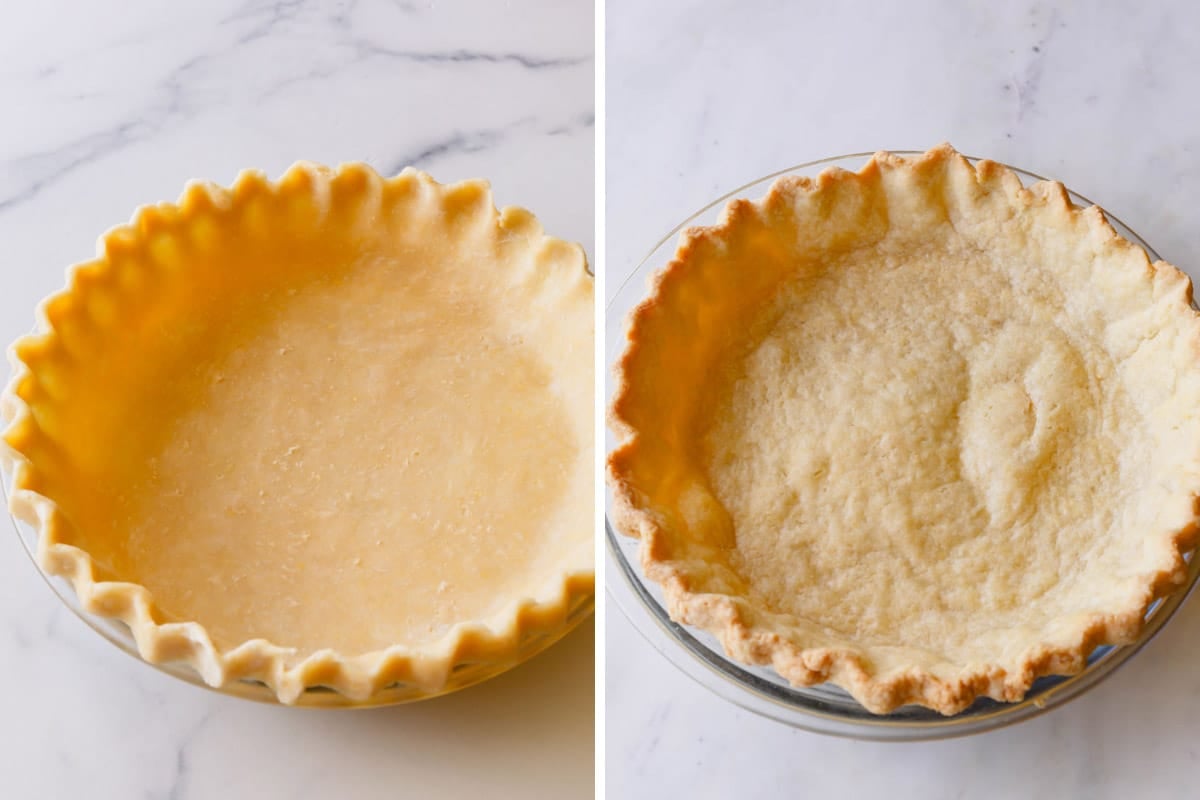 Side by side pie crust in a pie dish before and after blind bake.