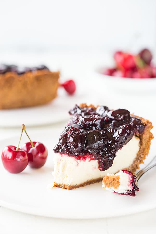 Nothing is better than a slice of creamy cheesecake, unless it's topped with delicious cherry pie filling. For the best flavor, make the cherry pie filling from scratch. It's incredibly easy!! #cherrycheesecakepie #cherrypiefilling #cheesecakepie #cherrycheesecake