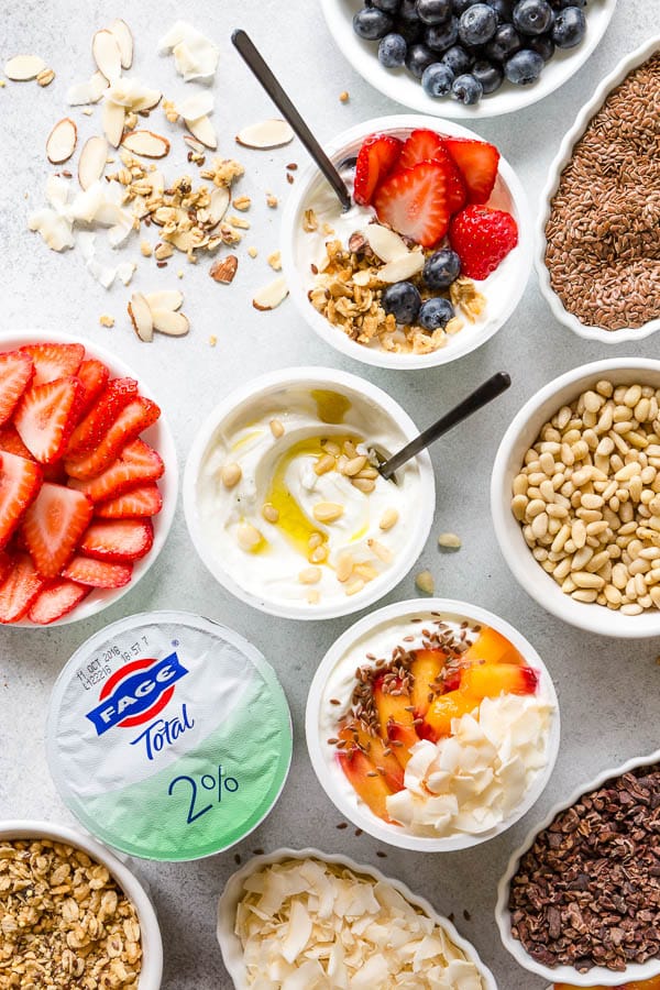 3 sweet and savory yogurt bowl ideas for healthy breakfast or an afternoon snack. Ultimate Yogurt Bar to customize a perfect yogurt bowl! #yogurtbar #snack #healthysnack #snacktime #yogurtbowl