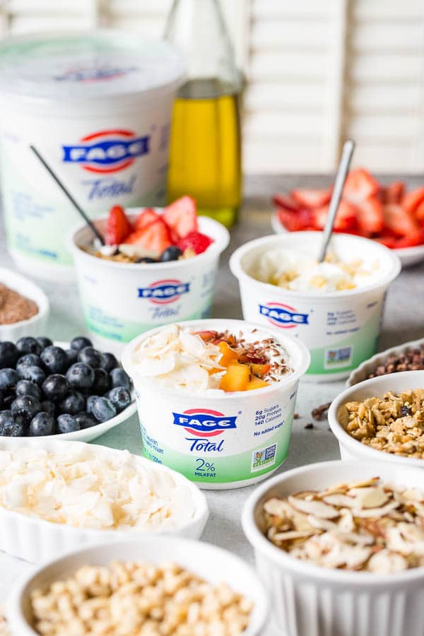 3 sweet and savory yogurt bowl ideas for healthy breakfast or an afternoon snack. Ultimate Yogurt Bar to customize a perfect yogurt bowl! #yogurtbar #snack #healthysnack #snacktime #yogurtbowl
