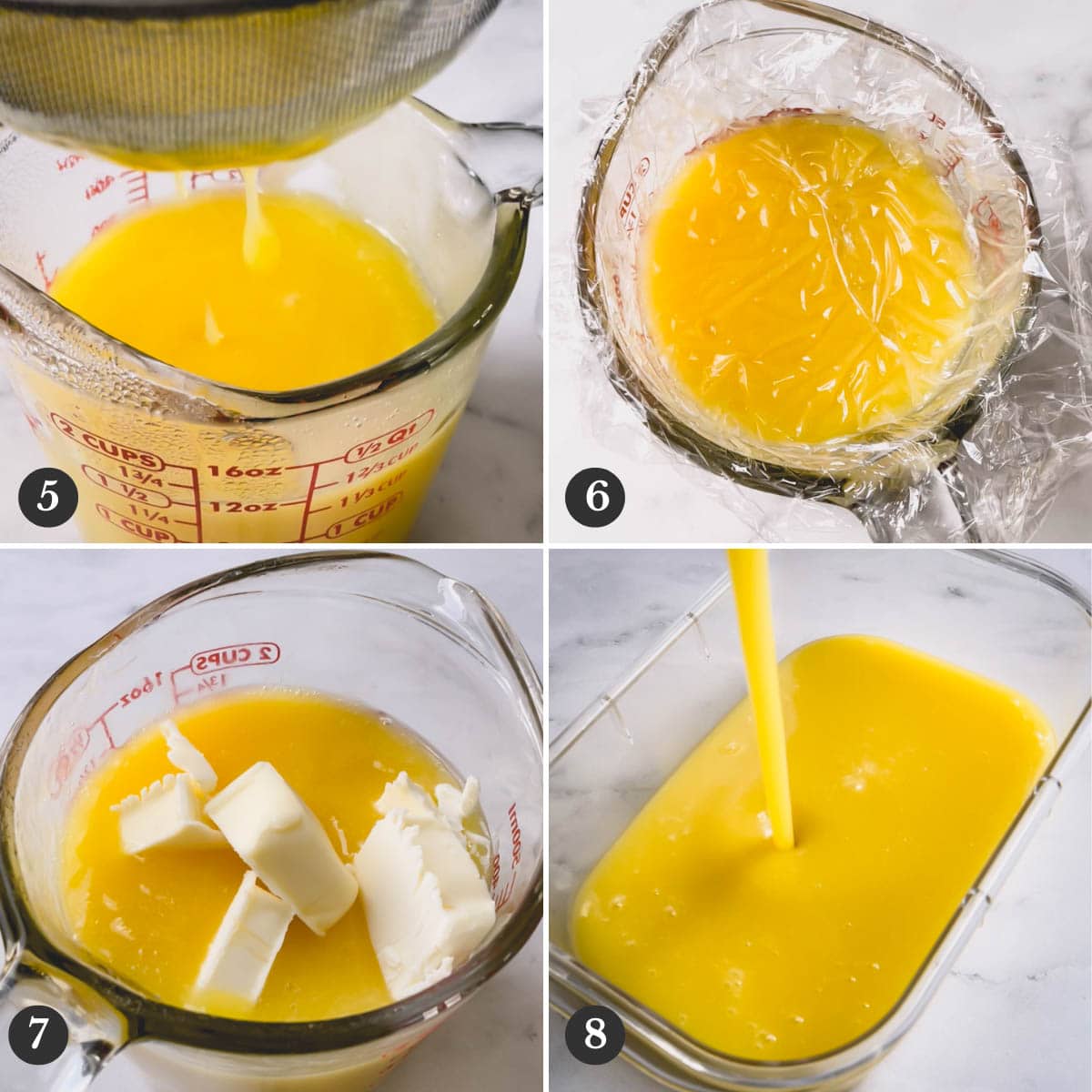 Step by step photos of straining the curd, cooling and adding butter into it.
