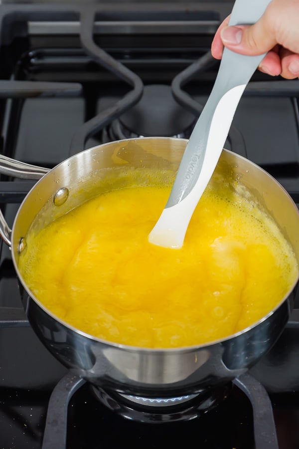 How to make easy lemon curd. Step 3. Cook until thick and bubbly on LOW heat. 