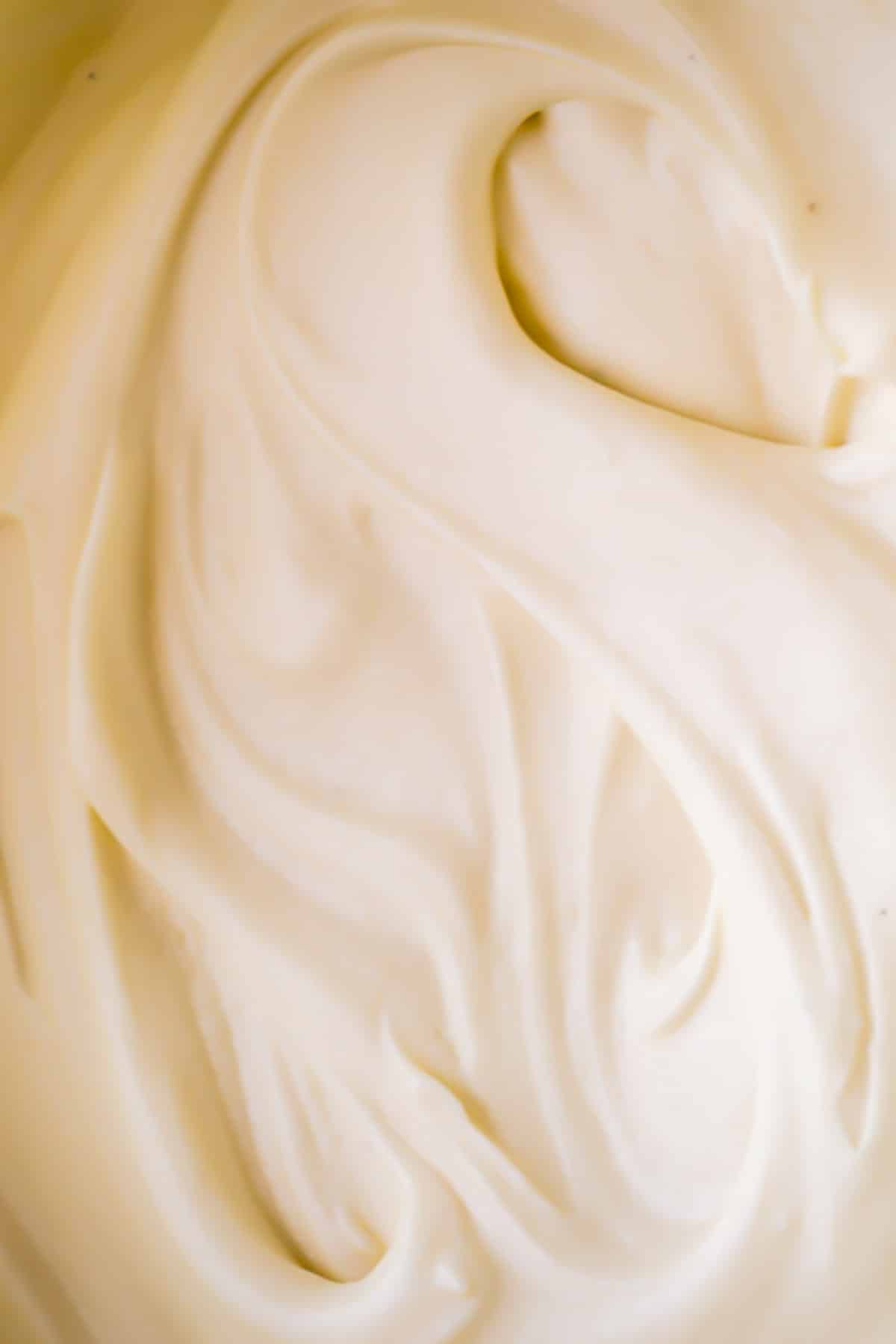 Upclose creamy smooth cream cheese frosting.