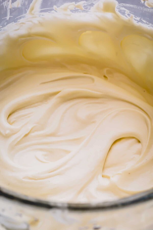 Upclose shot of creamy cream cheese frosting.