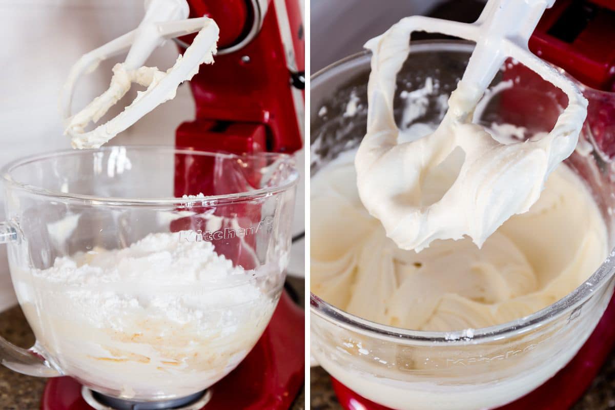 Side by side images of whipping cream cheese with powdered sugar.