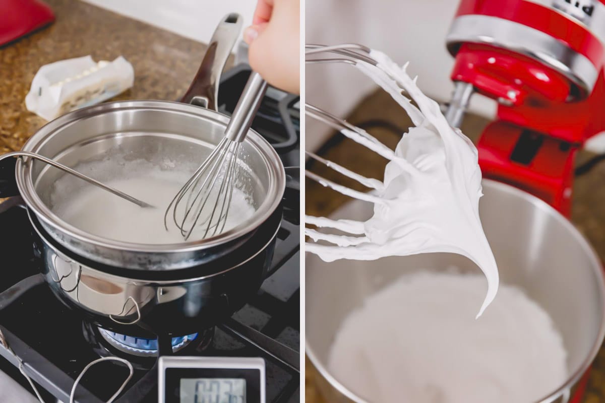 Side by side images of making Swiss meringue.