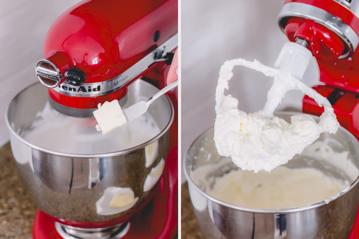 Side by side images of adding butter into swiss meringue in a stand mixer.