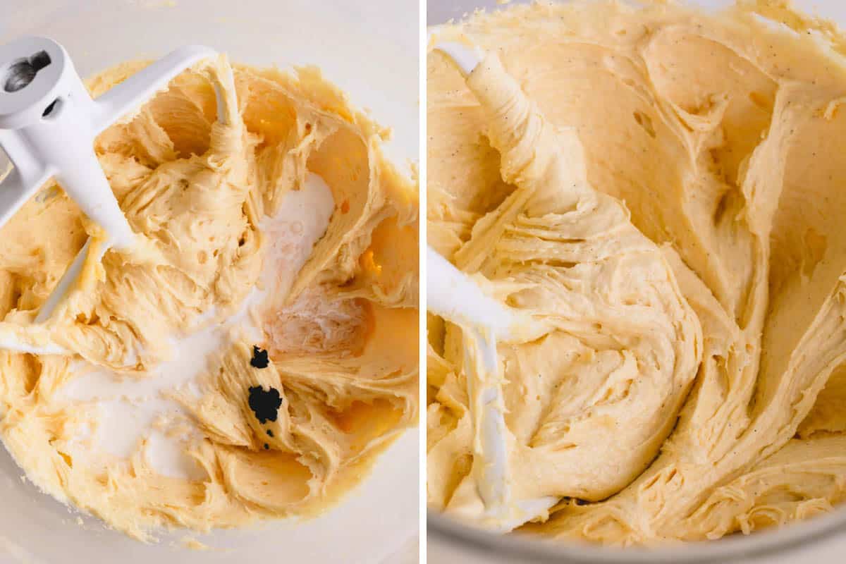 Side by side images of adding milk and vanilla into the batter.