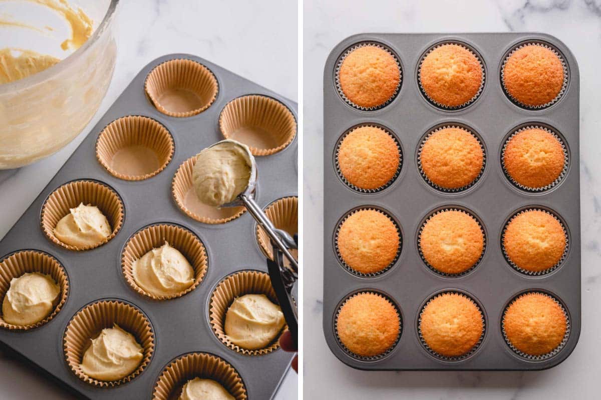 Side by side images of filling cupcake pan and baked cupcakes in a pan.