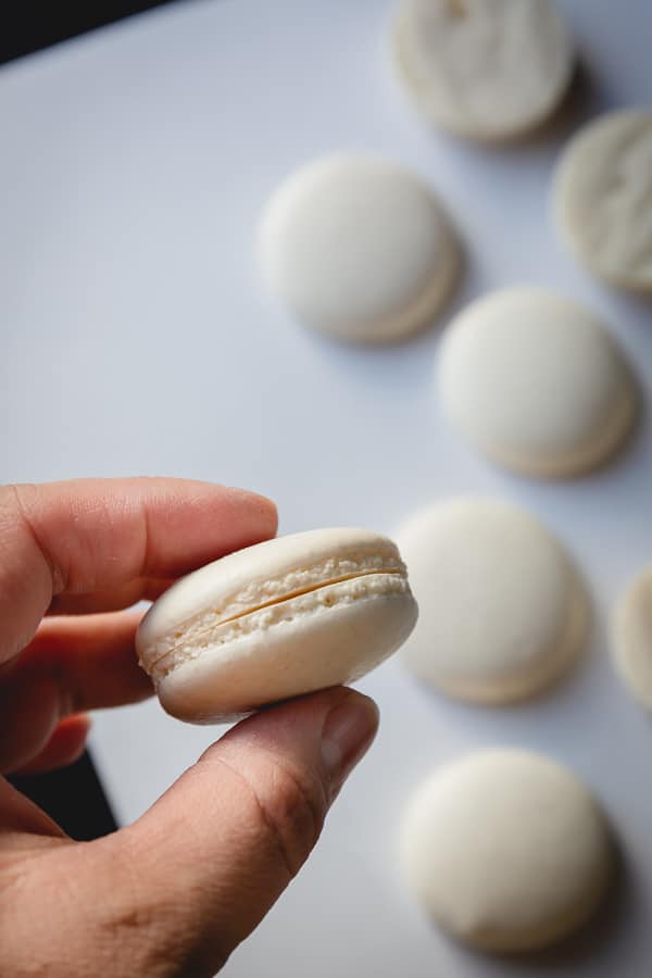 These gorgeous white macarons, filled with silky smooth white chocolate ganache, are pure dream for every macaron lover! Grab a coffee and read my recipe testing notes to get these pure white macarons. #macarons