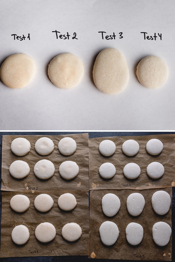 A collage of baked macaron shells from 4 different test batches.