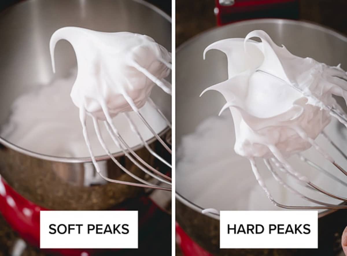 Side by side images of meringue in a whisk at soft peak stage and stiff peak stage.