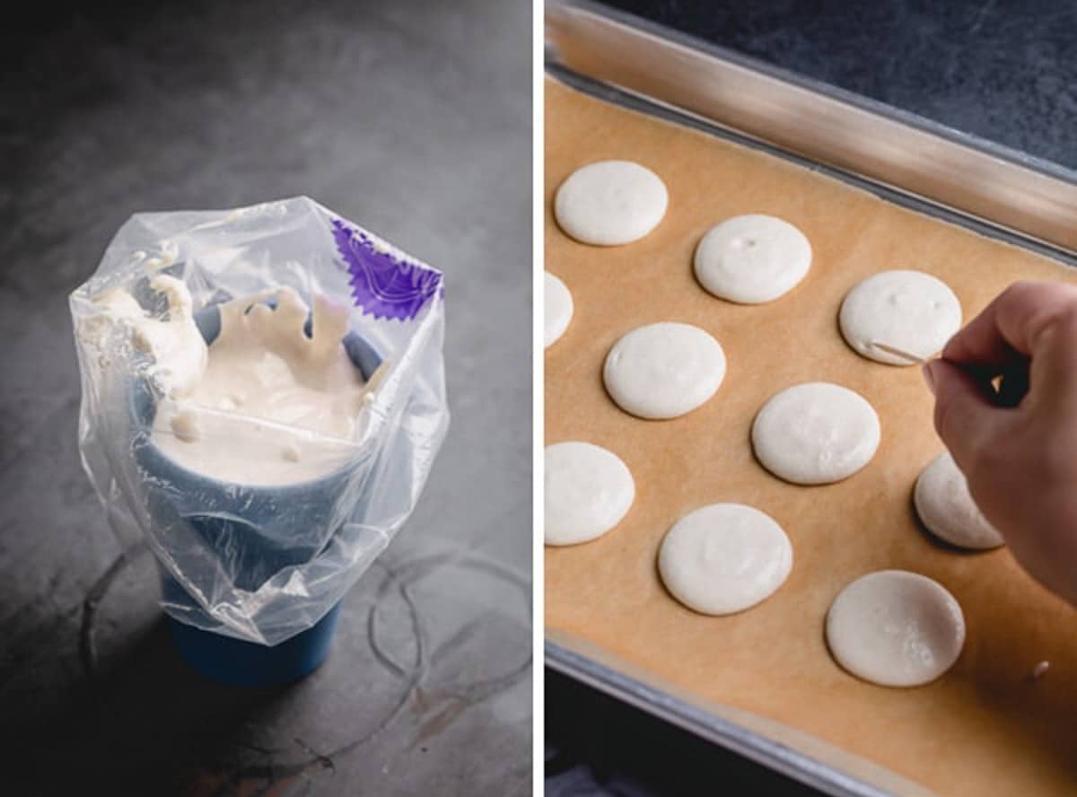 Side by side images of macaron batter in a piping bag and piped macaron shells.