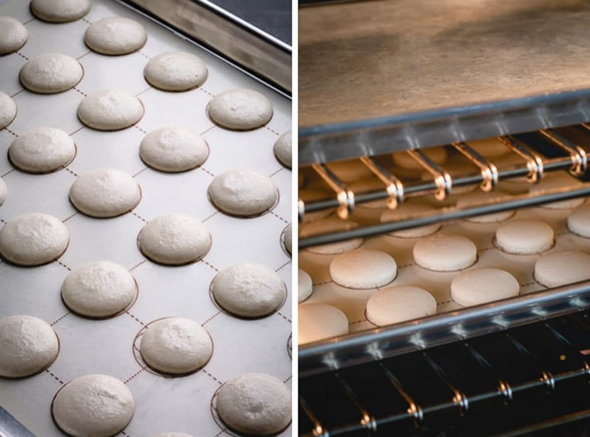 Side by side images of unbaked macaron shells and baked shells.