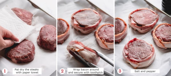 Step by step photos of preparing bacon wrapped filet mignon.