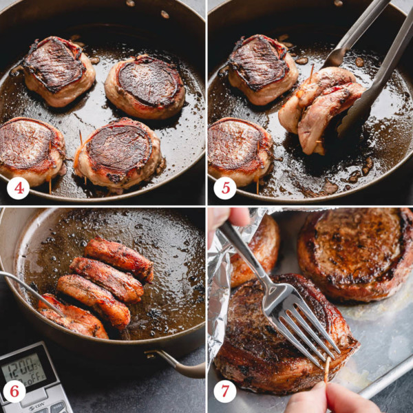 Step by step photos of searing bacon wrapped filet mignons in a skillet.
