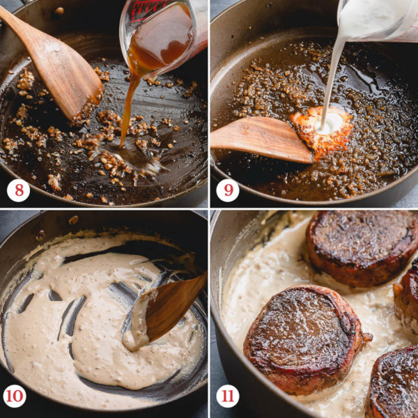 Step by step photos of making white sauce in a skillet.