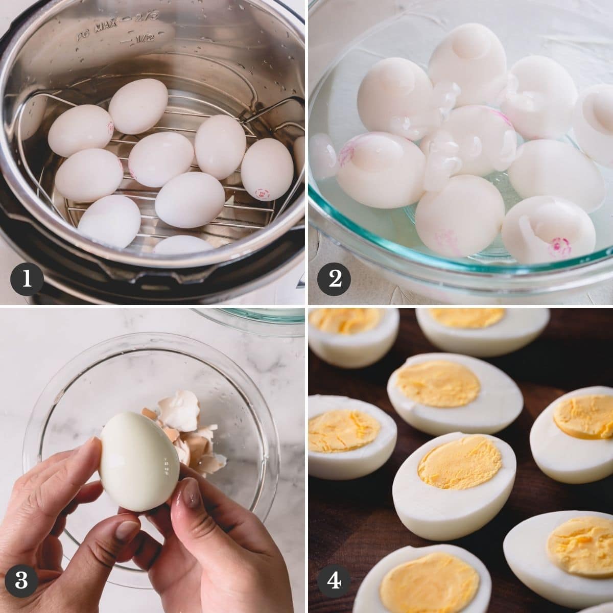 Step by step photos of cooking hard boiled eggs in an Instant Pot.