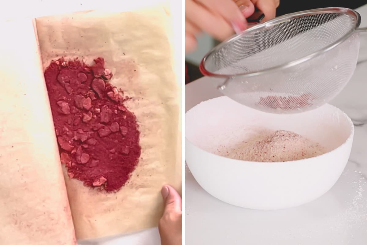 Side by side images of preparing the strawberry powder and sifting the dry ingredients.