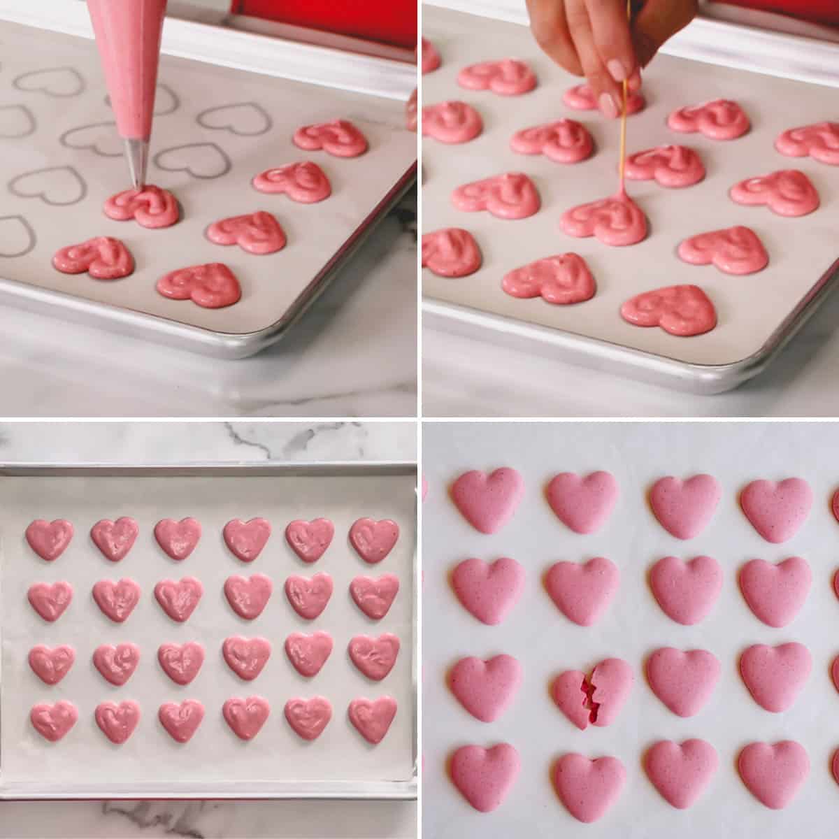 Step by step photos of piping heart macaron shells.