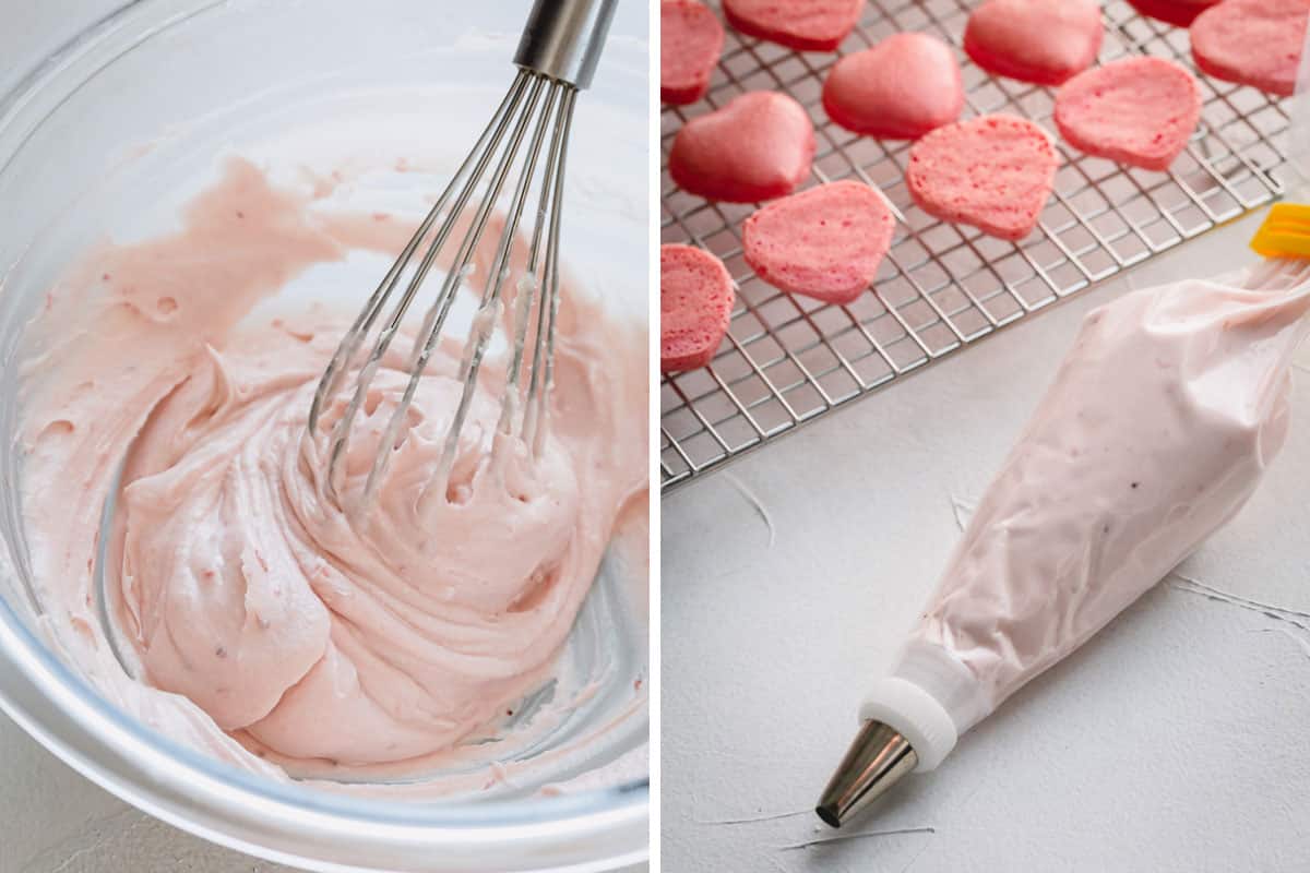 side by side images of strawberry buttercream.